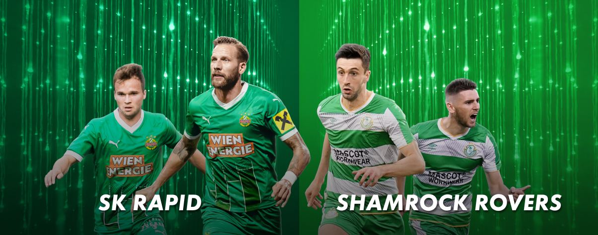 Spieler von SK Rapid Wien und Shamrock Rovers vor grünem Hintergrund, Vorschau auf das UEFA Conference League-Spiel am 28. November.